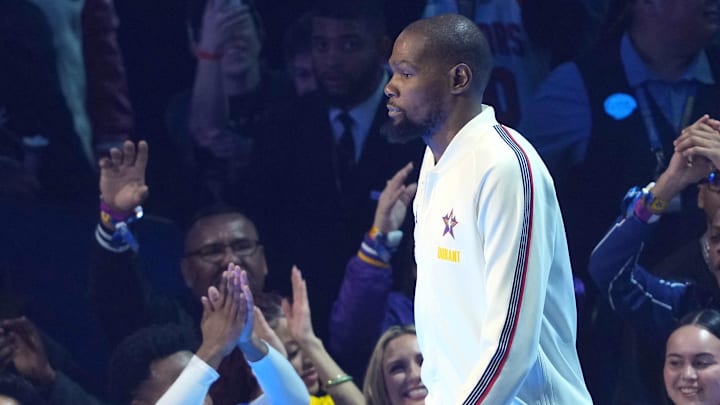 Feb 16, 2025; San Francisco, CA, USA; Shaqís OGs forward Kevin Durant (35) during player introductions before the 2025 NBA All Star Game at Chase Center. Mandatory Credit: Darren Yamashita-Imagn Images