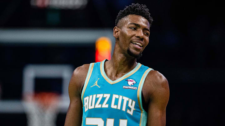 Apr 7, 2024; Charlotte, North Carolina, USA; Charlotte Hornets forward Brandon Miller (24) looks on