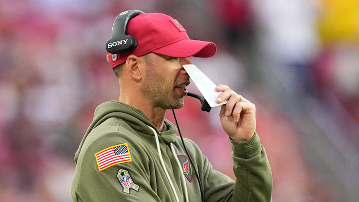 Nov 16, 2025; Glendale, Arizona, USA; Arizona Cardinals head coach Jonathan Gannon looks on during the second half against the San Francisco 49ers at State Farm Stadium. Mandatory Credit: Joe Camporeale-Imagn Images