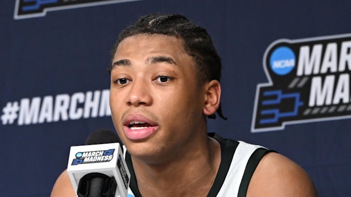 Mar 21, 2026; Buffalo, NY, USA; Michigan State Spartans guard Jeremy Fears Jr. (1) speaks to media after a second round game of the men's 2026 NCAA Tournament at Keybank Center.
