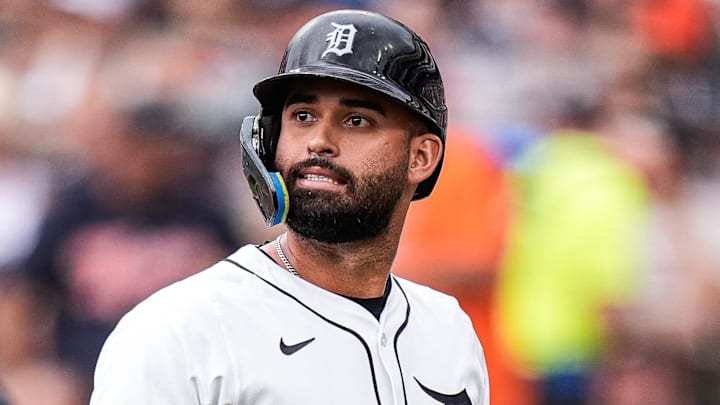 Detroit Tigers outfielder Riley Greene (31) reacts after striking out against during the third inning at Comerica Park in Detroit on Sunday, Sept. 21, 2025.
