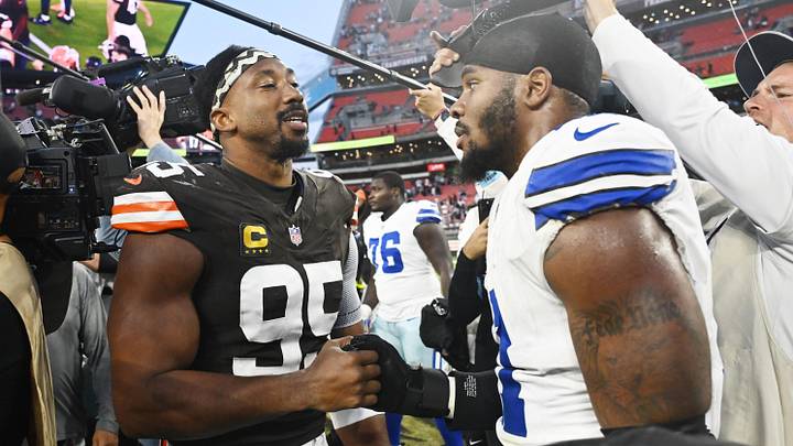 Sep 8, 2024; Cleveland, Ohio, USA; Cleveland Browns defensive end Myles Garrett (95) talks to Dallas Cowboys linebacker Micah Parsons (11) after the game at Huntington Bank Field. Mandatory Credit: Ken Blaze-Imagn Images