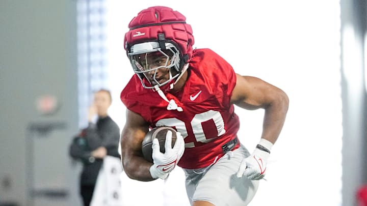 Ohio State Buckeyes running back James Peoples (20) runs during spring football practice at the Woody Hayes Athletic Center on March 17, 2025. Ohio State Buckeyes running back James Peoples (20) runs during spring football practice at the Woody Hayes Athletic Center on March 17, 2025.