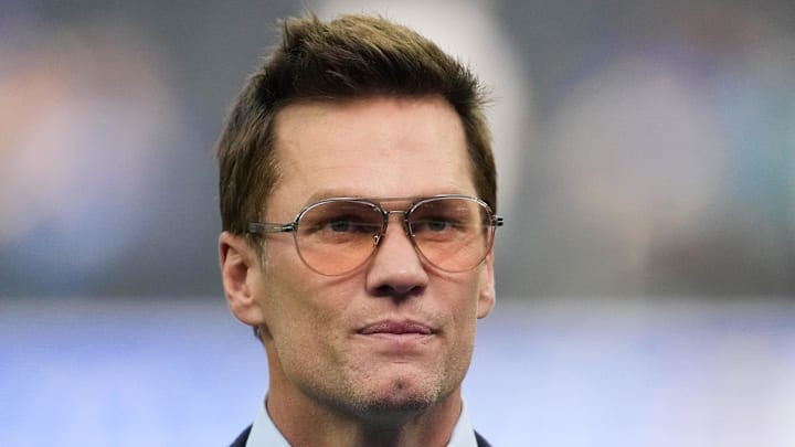 Dec 14, 2025; Inglewood, California, USA; Fox broadcaster Tom Brady is seen prior to the game between the Detroit Lions and the Los Angeles Rams at SoFi Stadium. Mandatory Credit: Kirby Lee-Imagn Images