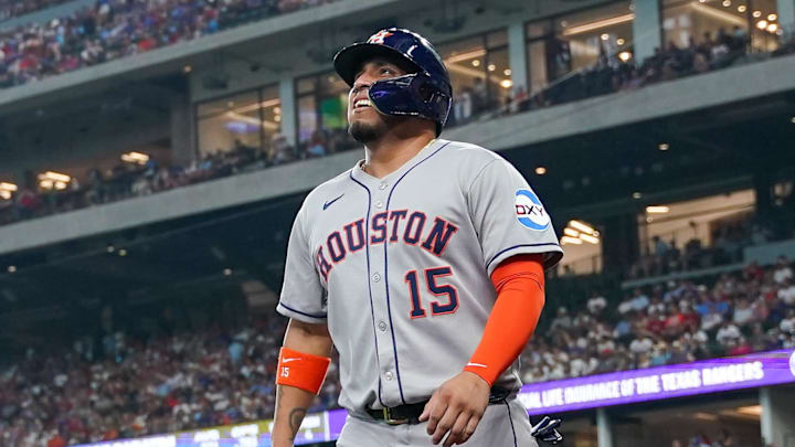 May 17, 2025; Arlington, Texas, USA; Houston Astros third baseman Isaac Paredes (15) walks to the dugout after scoring during the first inning against the Texas Rangers at Globe Life Field. May 17, 2025; Arlington, Texas, USA; Houston Astros third baseman Isaac Paredes (15) walks to the dugout after scoring during the first inning against the Texas Rangers at Globe Life Field.