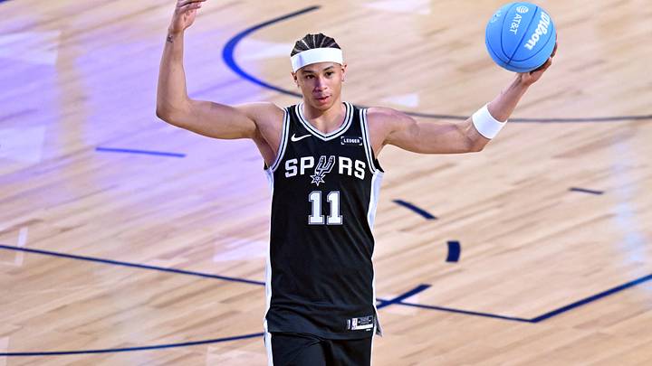 Feb 14, 2026; Los Angeles, CA, USA; San Antonio Spurs forward Carter Bryant (11) reacts in the slam dunk competition during the 2026 NBA All Star Saturday Night at Intuit Dome. Mandatory Credit: William Liang-Imagn Images Feb 14, 2026; Los Angeles, CA, USA; San Antonio Spurs forward Carter Bryant (11) reacts in the slam dunk competition during the 2026 NBA All Star Saturday Night at Intuit Dome. Mandatory Credit: William Liang-Imagn Images