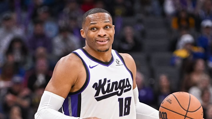 Nov 5, 2025; Sacramento, California, USA; Sacramento Kings guard Russell Westbrook (18) pushes the ball up the court against the Golden State Warriors during the second quarter at Golden 1 Center. 