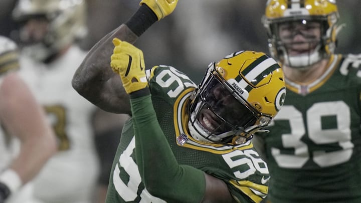 Green Bay Packers linebacker Edgerrin Cooper (56) celebrates a tackle for loss against the Saints last season.