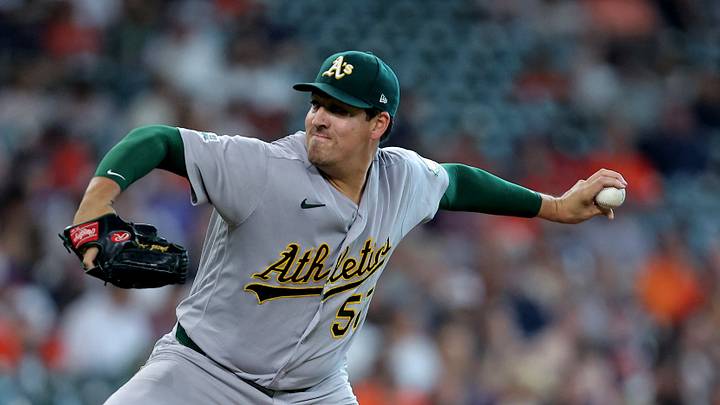 Aug 22, 2026; Houston, Texas, USA;  Athletics pitcher Jacob Lopez (57) throws a pitch against the Houston Astros during the first inning at Daikin Park.  Mandatory Credit: Erik Williams-Imagn Images