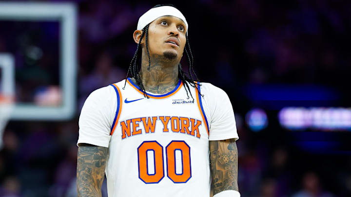 Jan 14, 2026; Sacramento, California, USA; New York Knicks guard Jordan Clarkson (00) looks on during the third quarter against the Sacramento Kings at Golden 1 Center. Mandatory Credit: Sergio Estrada-Imagn Images