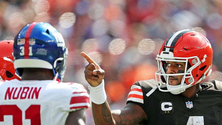 Cleveland Browns quarterback Deshaun Watson (4) celebrates after picking up a first down on his feet against the New York Giants during the second half of an NFL football game at Huntington Bank Field, Sunday, Sept. 22, 2024, in Cleveland, Ohio.
