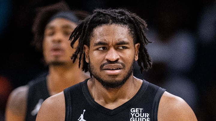 Brooklyn Nets guard Cam Thomas (24) reacts after a foul during the second quarter against the Charlotte Hornets at Spectrum Center on March 8, 2025.