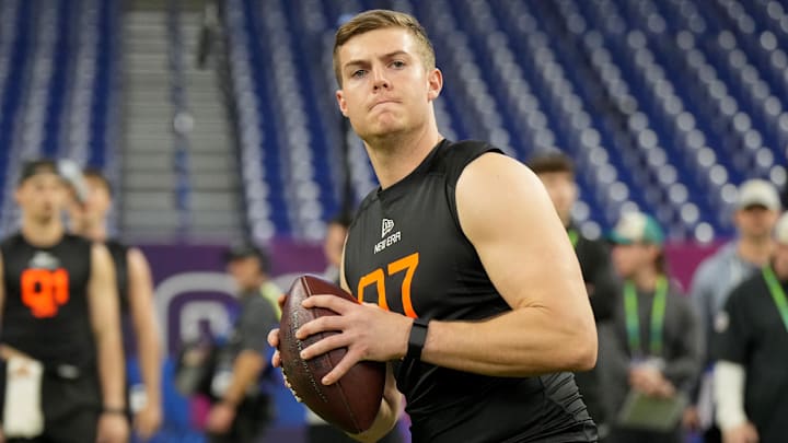 Mar 1, 2025; Indianapolis, IN, USA; Ohio State quarterback Will Howard (QB07) during the 2025 NFL Combine at Lucas Oil Stadium. Mandatory Credit: Kirby Lee-Imagn Images