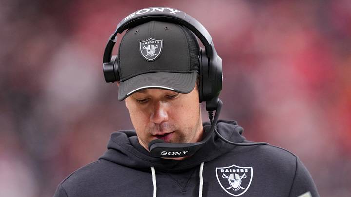 Oct 4, 2026; Paradise, Nevada, USA; Las Vegas Raiders head coach Klint Kubiak looks at his play sheet against the Kansas City Chiefs during the third quarter at Allegiant Stadium. Mandatory Credit: Joe Camporeale-Imagn Images Oct 4, 2026; Paradise, Nevada, USA; Las Vegas Raiders head coach Klint Kubiak looks at his play sheet against the Kansas City Chiefs during the third quarter at Allegiant Stadium. Mandatory Credit: Joe Camporeale-Imagn Images