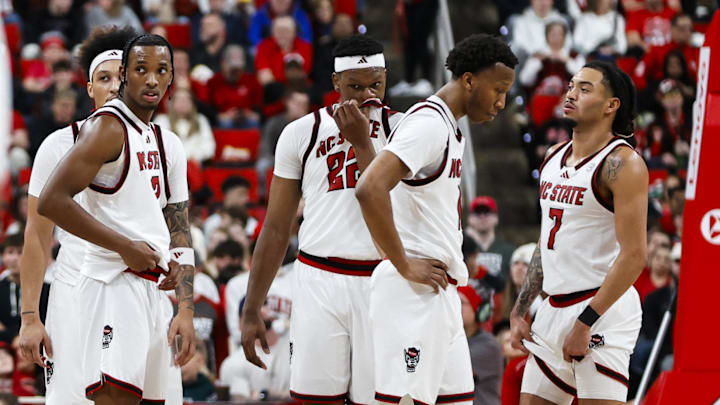 Jan 17, 2026; Raleigh, North Carolina, USA; NC State Wolfpack looks onto the Georgia Tech Yellow Jackets bench during the second half of the game against the Georgia Tech Yellow Jackets at Lenovo Center. Mandatory Credit: Jaylynn Nash-Imagn Images
