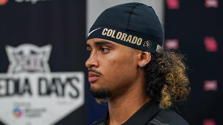 Jul 9, 2025; Frisco, TX, USA; Colorado quarterback Julian Lewis speaks with the media during 2025 Big 12 Football Media Days at The Star. 