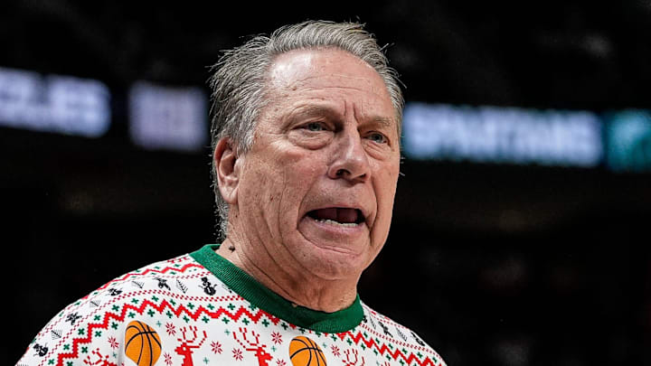 Michigan State head coach Tom Izzo reacts to a play against Oakland during the first half at Little Caesars Arena in Detroit on Saturday, Dec. 20, 2025.