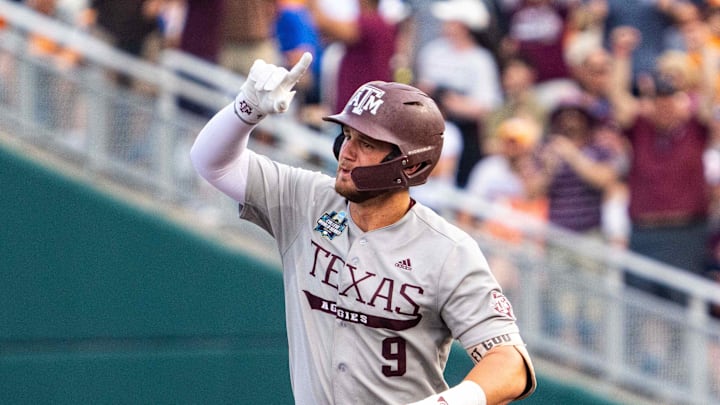Texas A&M Aggies third baseman Gavin Grahovac (9) celebrates after hitting a home run against the Tennessee Volunteers during the first inning at Charles Schwab Field Omaha. Texas A&M Aggies third baseman Gavin Grahovac (9) celebrates after hitting a home run against the Tennessee Volunteers during the first inning at Charles Schwab Field Omaha.
