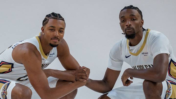 Sep 28, 2026; New Orleans Pelicans forward Trey Murphy III (25) and New Orleans Pelicans guard/forward Herb Jones (2) pose during media day in the Smoothie King Center in New Orleans, LA, USA;  Mandatory Credit: Matthew Hinton-Imagn Images