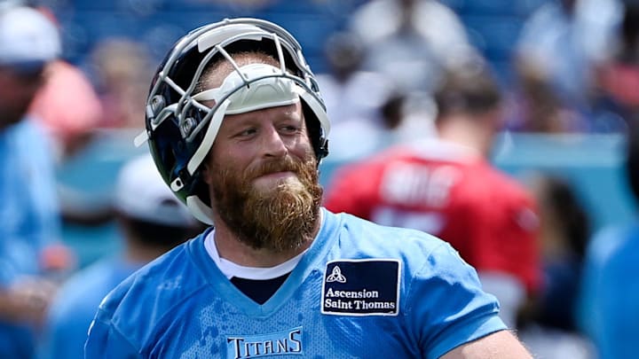 Tennessee Titans place kicker Joey Slye celebrates after kicking a 66-yard field goal during training camp practice