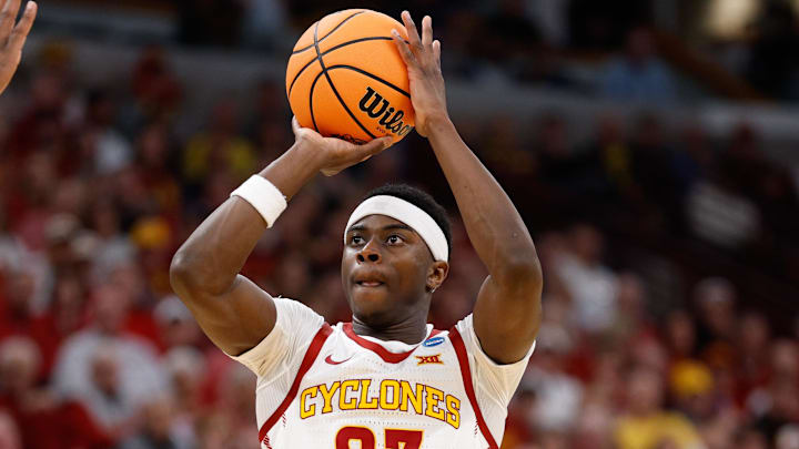Mar 27, 2026; Chicago, IL, USA; Iowa State Cyclones guard Killyan Toure (27) shoots in the first half against the Tennessee Volunteers during a Sweet Sixteen game of the Midwest Regional of the men's 2026 NCAA Tournament at United Center. Mar 27, 2026; Chicago, IL, USA; Iowa State Cyclones guard Killyan Toure (27) shoots in the first half against the Tennessee Volunteers during a Sweet Sixteen game of the Midwest Regional of the men's 2026 NCAA Tournament at United Center.