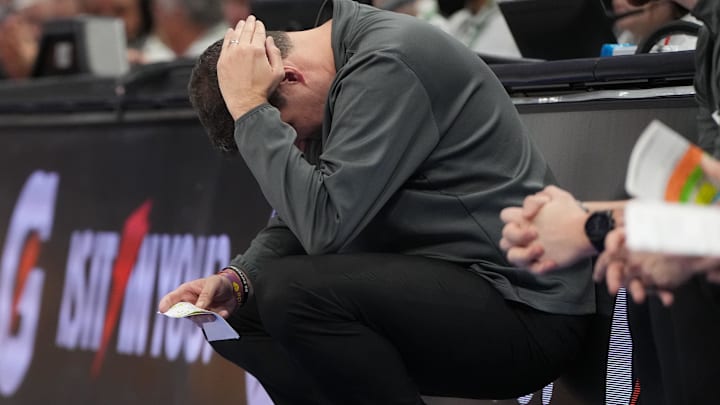 Mar 11, 2026; Charlotte, NC, USA; NC State Wolfpack head coach Will Wade reacts in the first half at Spectrum Center. Mandatory Credit: Bob Donnan-Imagn Images