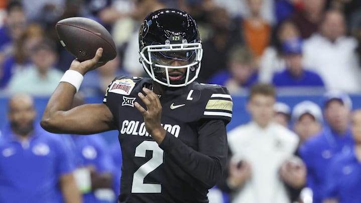 Dec 28, 2024; San Antonio, TX, USA; Colorado Buffaloes quarterback Shedeur Sanders (2) attempts a pass during the first quarter against the Brigham Young Cougars at Alamodome. Mandatory Credit: Troy Taormina-Imagn Images