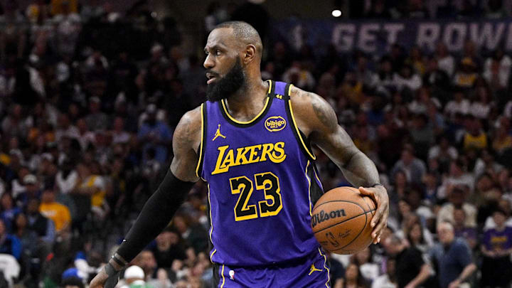 Apr 9, 2025; Dallas, Texas, USA; Los Angeles Lakers forward LeBron James (23) in action during the game between the Dallas Mavericks and the Los Angeles Lakers at American Airlines Center. Mandatory Credit: Jerome Miron-Imagn Images