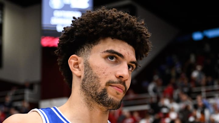 Jan 17, 2026; Stanford, California, USA; Duke Blue Devils forward Cameron Boozer (12) looks on after the game against the Stanford Cardinal at Maples Pavilion. Mandatory Credit: Eakin Howard-Imagn Images