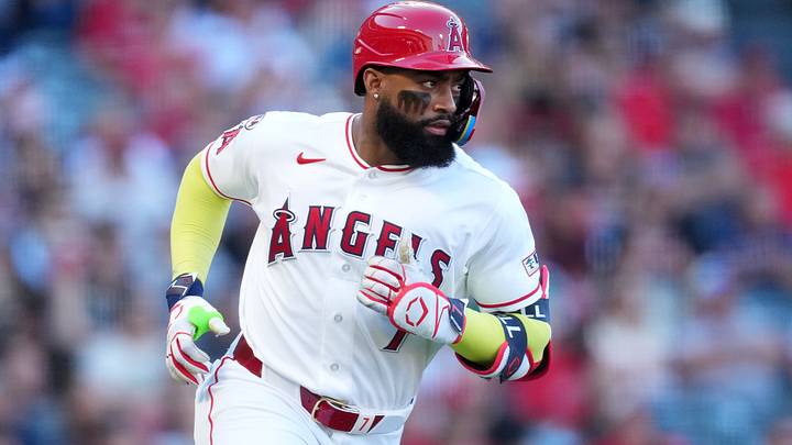 Jul 5, 2026; Anaheim, California, USA; Los Angeles Angels right fielder Jo Adell (7) hits a RBI single in the first inning against the Boston Red Sox at Angel Stadium. Jul 5, 2026; Anaheim, California, USA; Los Angeles Angels right fielder Jo Adell (7) hits a RBI single in the first inning against the Boston Red Sox at Angel Stadium.