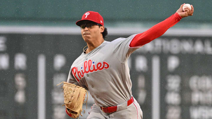 May 14, 2026; Boston, Massachusetts, USA; Philadelphia Phillies starting pitcher Jesus Luzardo (44) pitches against the Boston Red Sox during the first inning at Fenway Park.