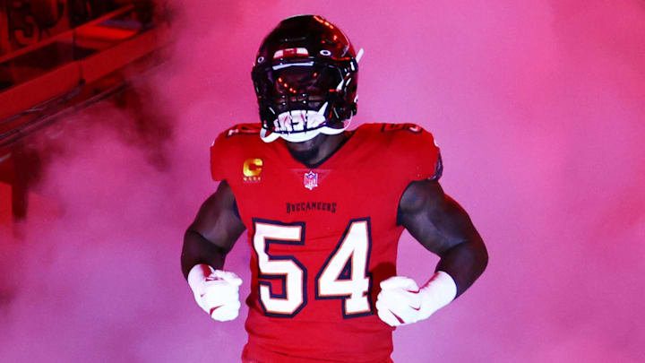 Oct 21, 2024; Tampa, Florida, USA;Tampa Bay Buccaneers linebacker Lavonte David (54) runs out of the tunnel before the game Baltimore Ravens at Raymond James Stadium. Mandatory Credit: Kim Klement Neitzel-Imagn Images
