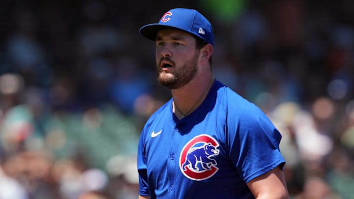 Jun 27, 2024; San Francisco, California, USA; Chicago Cubs relief pitcher Luke Little (43) reacts after a strikeout to end the seventh inning against the San Francisco Giants at Oracle Park