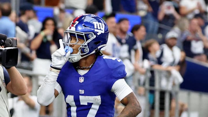 Sep 14, 2025; Arlington, Texas, USA; New York Giants wide receiver Wan'Dale Robinson (17) reacts after making a catch for a touchdown against the New York Giants during the fourth quarter at AT&T Stadium. Sep 14, 2025; Arlington, Texas, USA; New York Giants wide receiver Wan'Dale Robinson (17) reacts after making a catch for a touchdown against the New York Giants during the fourth quarter at AT&T Stadium.