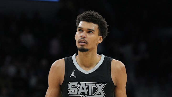 Jan 29, 2025; San Antonio, Texas, USA;  San Antonio Spurs center Victor Wembanyama (1) looks up in the second half against the LA Clippers at Frost Bank Center. Mandatory Credit: Daniel Dunn-Imagn Images
