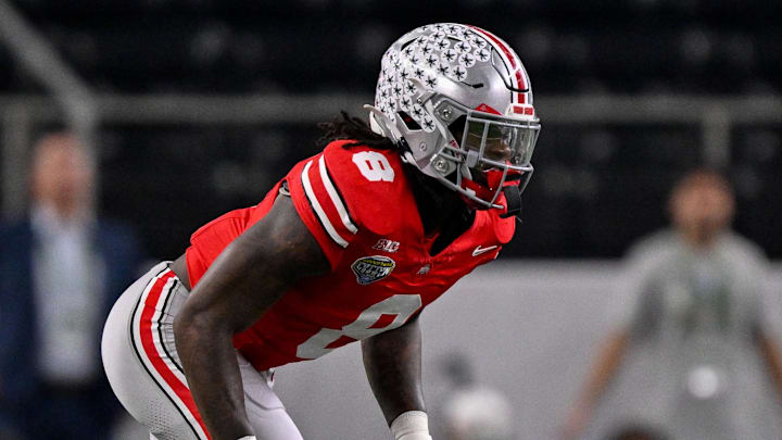 Dec 31, 2025; Arlington, TX, USA; Ohio State Buckeyes linebacker Arvell Reese (8) gets into position during the 2025 Cotton Bowl and quarterfinal game of the College Football Playoff at AT&T Stadium. Mandatory Credit: Jerome Miron-Imagn Images