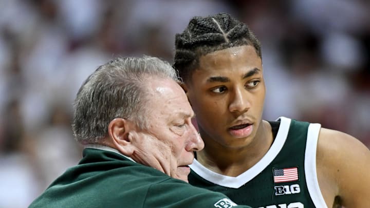 Mar 1, 2026; Bloomington, Indiana, USA; Michigan State Spartans head coach Tom Izzo talks with Michigan State Spartans guard Jeremy Fears Jr. (1) against the Indiana Hoosiers during the second half at Simon Skjodt Assembly Hall.