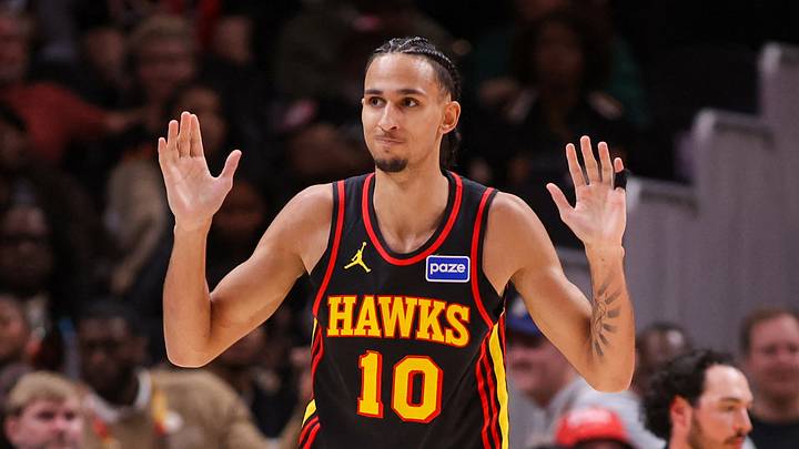 Atlanta Hawks forward Zaccharie Risacher (10) reacts after fouling Miami Heat guard Pelle Larsson (9) in the third quarter at State Farm Arena, Feb 20, 2026. Atlanta Hawks forward Zaccharie Risacher (10) reacts after fouling Miami Heat guard Pelle Larsson (9) in the third quarter at State Farm Arena, Feb 20, 2026.