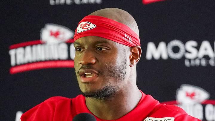 Kansas City Chiefs running back Kenneth Walker talks to the media
