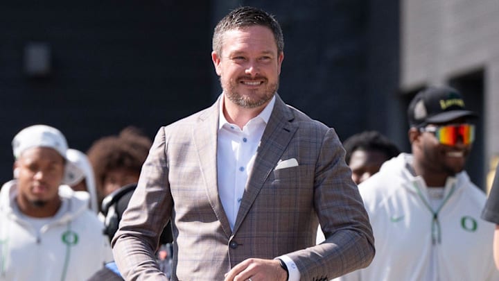 Oregon head coach Dan Lanning leads his team during the entry walk as the Oregon Ducks host the Montana State Bobcats on Aug. 30, 2025, at Autzen Stadium in Eugene, Oregon.