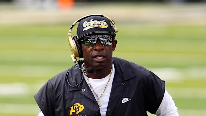 Aug 29, 2025; Boulder, Colorado, USA; Colorado Buffaloes head coach Deion Sanders during the first quarter against the Georgia Tech Yellow Jackets at Folsom Field. Mandatory Credit: Ron Chenoy-Imagn Images