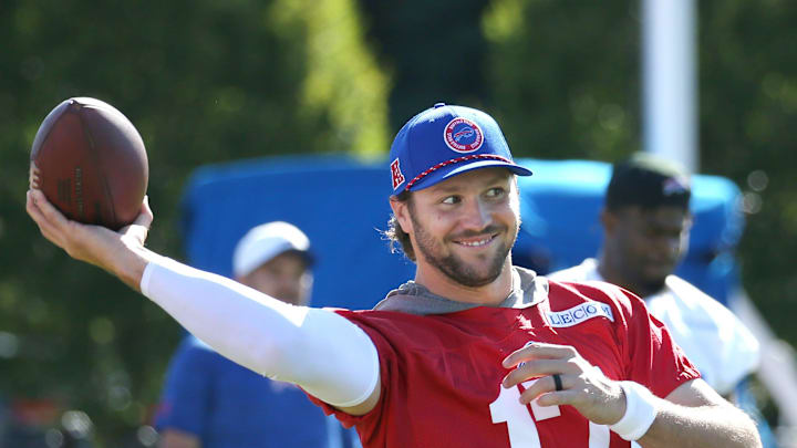 Bills quarterback Josh Allen throws on the sidelines during the opening day of Buffalo Bills training camp at St. John Fisher University Wednesday, July 23, 2025 in Pittsford.
