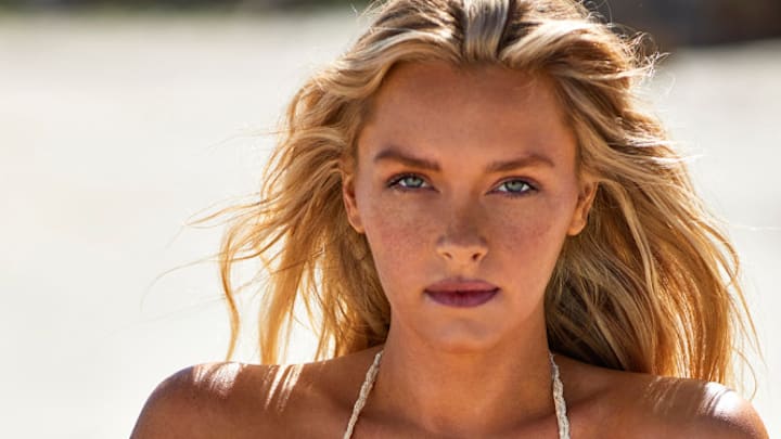 Camille Kostek was photographed by Josie Clough on Kangaroo Island, South Australia. Swimsuit by Andi Bagus.