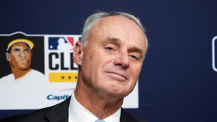 Oct 27, 2025; Los Angeles, California, USA; Major League Baseball commissioner Rob Manfred before game three of the 2025 MLB World Series between the Toronto Blue Jays and Los Angeles Dodgers at Dodger Stadium. Mandatory Credit: Kirby Lee-Imagn Images Oct 27, 2025; Los Angeles, California, USA; Major League Baseball commissioner Rob Manfred before game three of the 2025 MLB World Series between the Toronto Blue Jays and Los Angeles Dodgers at Dodger Stadium. Mandatory Credit: Kirby Lee-Imagn Images