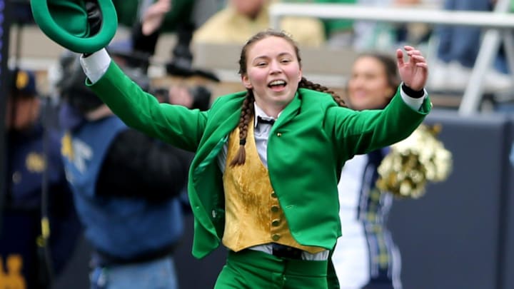 Notre Dame football mascot runs down the sidelines during the spring game