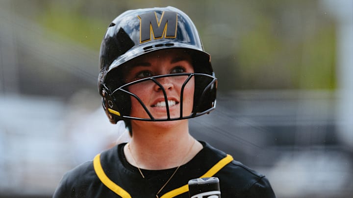 Apr 17, 2025; Columbia, Missouri, USA; Missouri Tigers senior infielder Taylor Ebbs (3) waits on deck before an at-bat against the Texas A&M Aggies at Mizzou Softball Stadium.