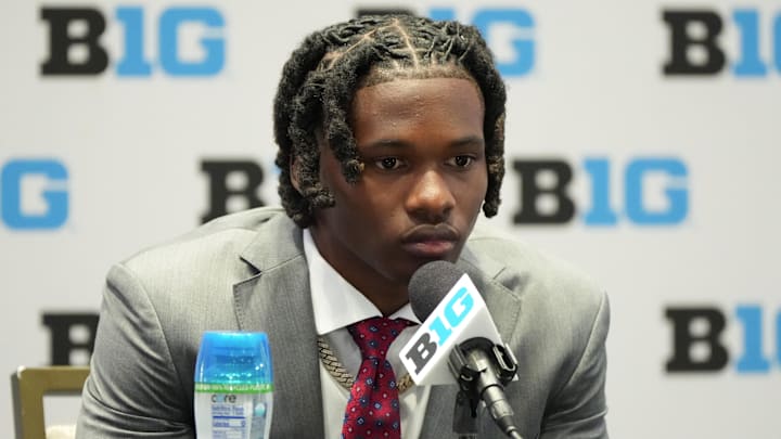Jul 22, 2025; Las Vegas, NV, USA; Ohio State wide receiver Jeremiah Smith speaks to the media during the Big Ten NCAA college football media days at Mandalay Bay Resort. Mandatory Credit: Lucas Peltier-Imagn Images