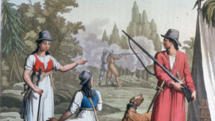 Drawing of female pirates Mary Read and Anne Bonny carrying guns