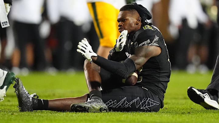 Colorado Buffaloes wide receiver Travis Hunter reacts on the turf after a reception in the second half against North Dakota State.