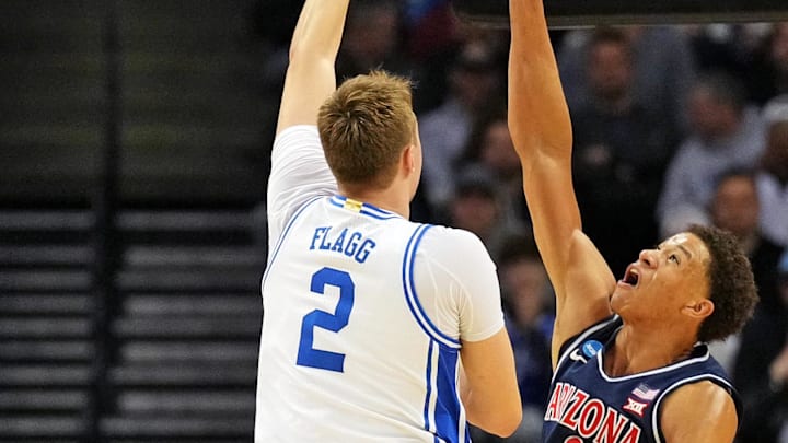 Mar 27, 2025; Newark, NJ, USA; Duke Blue Devils forward Cooper Flagg (2) shoots the ball against Arizona Wildcats forward Carter Bryant (9) during the first half during an East Regional semifinal of the 2025 NCAA tournament at Prudential Center. Mandatory Credit: Robert Deutsch-Imagn Images Mar 27, 2025; Newark, NJ, USA; Duke Blue Devils forward Cooper Flagg (2) shoots the ball against Arizona Wildcats forward Carter Bryant (9) during the first half during an East Regional semifinal of the 2025 NCAA tournament at Prudential Center. Mandatory Credit: Robert Deutsch-Imagn Images